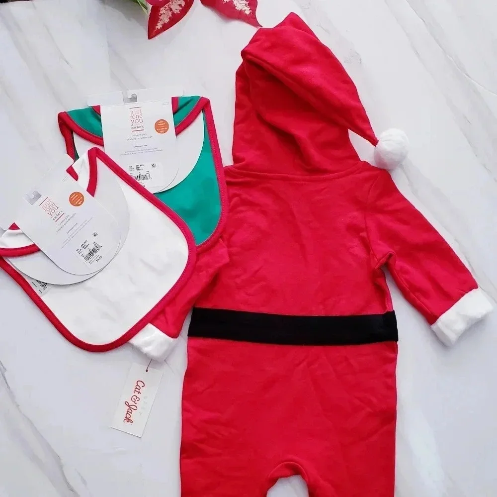 Cat & Jack Baby Lot Santa Outfit & 2 Bibs Carter's Christmas Holiday